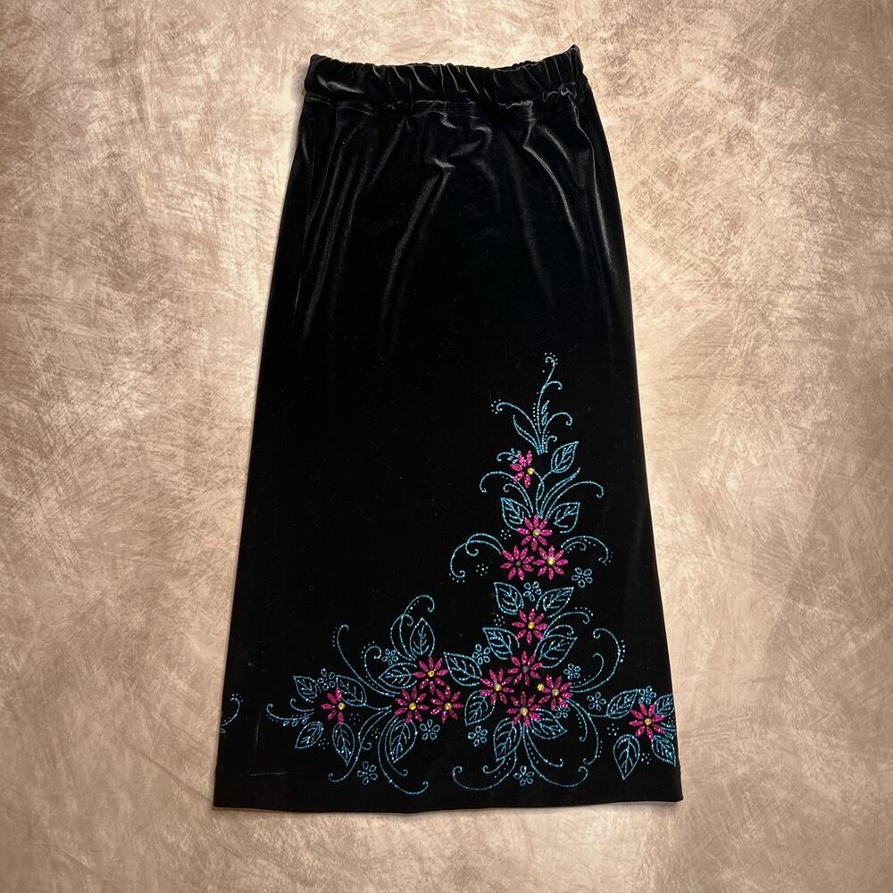 Vintage 90s Black Velour Floral Glitter Maxi Skirt Rhinestone Whimsigoth Fairy - Picture 7 of 7